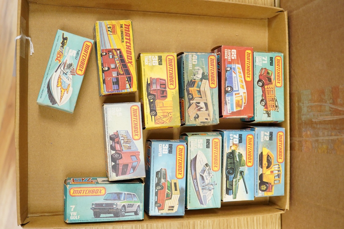 Twelve boxed Matchbox Superfast and Rola-matics 1-75 vehicles; Seafire (5), VW Golf (7), the Londoner bus (17), refuse truck (36), zoo truck (35), camper (38), horsebox (40), police launch (52), airport coach (65), S-P G